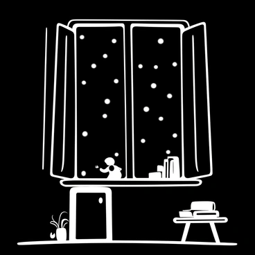 A child's silhouette standing at a window, gazing out into the night. The window frame is detailed with wooden textures, and fireflies are visible outside, glowing softly in the darkness. The child's figure is small and delicate, with arms slightly raised, as if reaching towards the fireflies. The surrounding area is dim, suggesting a warm, summery atmosphere inside the room. There are a few scattered books on a nearby table, adding to the scene's cozy feel.