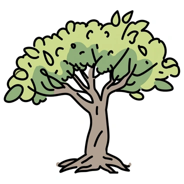 An ancient and gnarled mango tree stands prominently, with a thick trunk twisted and weathered over time. Its wide canopy spreads out, adorned with rich, green leaves that create a lush umbrella overhead. The tree's thick roots are visible, sprawling out across the ground, anchoring it firmly in the earth. Sunlight filters through the leaves, casting dappled shadows on the ground below.