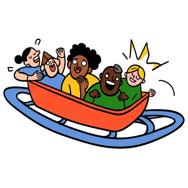 A group of four friends with varied skin tones and hairstyles are seated on a rollercoaster, their expressions full of excitement. The first friend has light skin and short black hair, throwing their head back with laughter. The second friend has medium skin and long curly hair, screaming with a wide open mouth, while biting their lip in anticipation. The third friend has dark skin and shaved hair, eyes wide with thrill and a huge grin on their face. The fourth friend has light skin and shoulder-length blonde hair, clenching their hands on the safety bar and laughing joyfully. The rollercoaster is twisting and turning, with bright colors and a blurred background suggesting high speed and adrenaline.