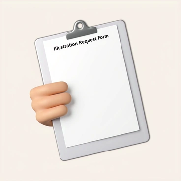 A hand with light skin gripping a white clipboard, which has a clipped sheet of paper on it. The clipboard is firmly held in the grip of the hand, and the paper has an "Inforce Illustration Request Form" title at the top. The form is blank, waiting to be filled out, and the clipboard has a silver clip. The background shows a soft, neutral color to emphasize the hand and clipboard.