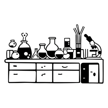 An array of laboratory equipment arranged neatly on a lab bench. There are several beakers of different sizes, each containing various liquid measurements. A set of pipettes stands upright in a holder beside the beakers. A microscope is positioned prominently at one end of the bench, with a notebook and pen placed nearby. The lab bench is cluttered with additional scientific tools, including test tubes and a Bunsen burner.