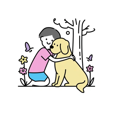 A child with short brown hair, wearing a red t-shirt and blue shorts, is kneeling and hugging a golden retriever. The child is smiling with joy while resting against the dog's fluffy fur. They are positioned underneath a large tree with a sturdy trunk and a wide canopy. Around them, colorful flowers in shades of pink, yellow, and purple are blooming, creating a vibrant scene. Several butterflies in various colors are flitting around, adding movement to the peaceful setting.