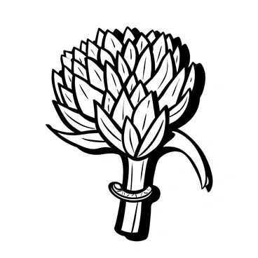 A bundle of artichokes arranged tightly, showcasing their unique shape and texture. The artichokes are neatly tied together with twine made of jute, adding a rustic touch to the arrangement. The background features subtle shadows that emphasize the contours of the artichokes and the twine.