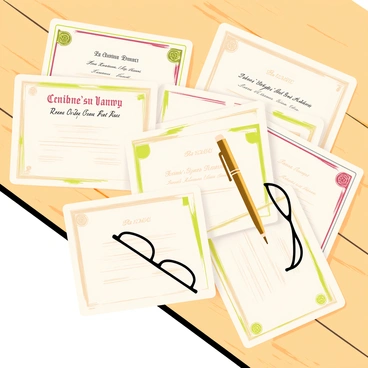 A collection of vintage bond certificates spread out on a wooden desk. Each certificate features intricate borders with designs in shades of green, gold, and burgundy. Some certificates have ornate titles, while others display various seals and signatures. A pair of reading glasses is placed next to the certificates, and a brass pen rests atop one of the documents. The desk has a light wood finish, and there's a soft, warm light illuminating the scene.