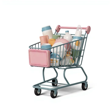 A grocery cart made of metal with a wireframe design, filled with a variety of items. There are eight distinct products visible in the cart, including a box of cereal, a loaf of bread, a can of soup, a bag of apples, a bottle of milk, a pack of pasta, a jar of peanut butter, and a box of cookies. Three of these items are placed in clear plastic bags, containing the apples, the loaf of bread, and the box of cookies. The remaining items are neatly arranged in the cart, showcasing the concept of "8/3". The cart itself has a handle and wheels, positioned on a grocery store floor.