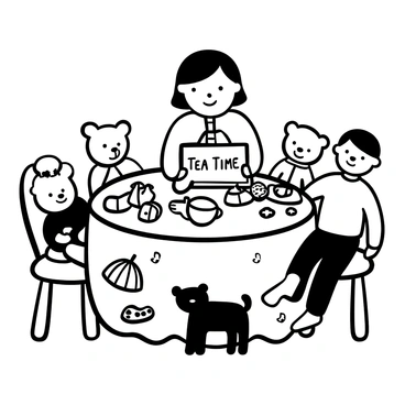 A cartoon girl with short hair is sitting at a small round table set for a tea party. She is surrounded by several teddy bears and dolls, each positioned around the table. The table is adorned with a patterned tablecloth and features an assortment of teacups and a teapot. The teddy bears are of various sizes and styles, some wearing little outfits. The dolls are also dressed in colorful clothing, creating a lively scene. "Tea Time" is written on a decorative sign placed in front of the girl. A few plates with cookies are scattered on the table, adding to the festive atmosphere.