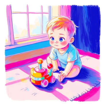 A skeptical baby with big, round eyes and raised eyebrows is sitting on a soft play mat. The baby has light brown hair and is wearing a light blue onesie. In front of the baby is a colorful toy with various shapes and vibrant colors, including red, yellow, and green. The baby is leaning slightly forward, with a curious yet doubtful expression as they examine the toy. Sunlight streams in from a nearby window, casting a gentle glow on the scene.