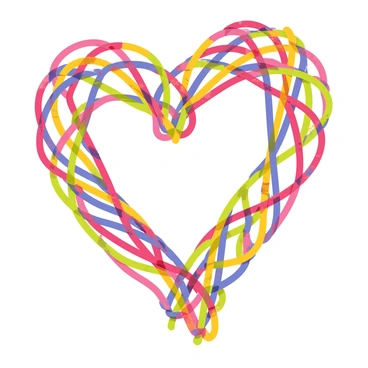 A heart shape constructed from woven strands of vibrant yarn. The yarn features a mix of colors including bright red, blue, yellow, and green. The strands are intricately intertwined, creating a textured surface. The heart is placed against a plain white background, highlighting the vivid colors and the craftsmanship of the weaving. The overall composition emphasizes the handmade quality of the yarn heart.
