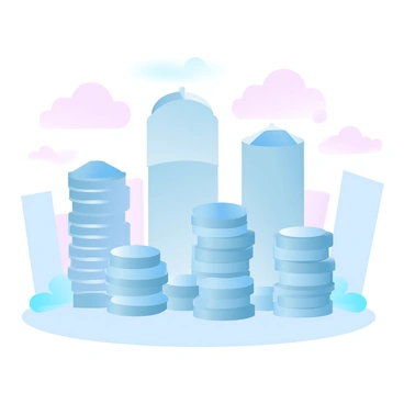 A city skyline is visible with multiple buildings shaped like stacks of coins. The buildings vary in height and size, all resembling shiny coins stacked on top of each other. The scene is illuminated with soft, gradient pastel colors, enhancing the reflective surfaces of the coin-shaped buildings. In the background, a gentle gradient sky transitions from light pink to soft blue, complementing the unique architecture below. The ground is a smooth surface that reflects the whimsical design of the skyscrapers, creating a cohesive and harmonious visual.