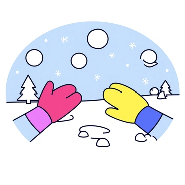 A pair of colorful gloves in red, blue, and yellow, are actively throwing snowballs. Snowballs are flying through the air, creating small arcs. The background shows a snowy landscape with gently falling snowflakes. There are snow-covered trees in the distance, and a few fluffy snowdrifts scattered across the ground.