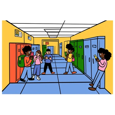 A typical high school hallway filled with students. There are various lockers lining both sides of the hallway, painted in bright colors. A group of light-skinned students with big eyes, wearing casual clothing, are chatting in front of a locker. A dark-skinned student with big eyes is walking by, carrying a backpack and holding a book in one hand. Near the end of the hallway, a girl with big eyes and curly hair is leaning against the wall, looking at her phone. The floor is tiled, and there are posters on the walls promoting school events.