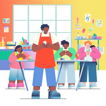 An instructor with medium skin and short curly hair is standing in a brightly colored makerspace. The instructor is wearing a red apron and is demonstrating a DIY project to a group of children. There are four children, each focused on their own workstations, which are filled with colorful craft supplies such as glue, scissors, and various paper materials. The makerspace features walls painted in vibrant colors, and there are large windows allowing natural light to flood the room. Various tools are hanging on the walls, and a large table in the center is covered with projects in progress. The atmosphere is lively as the children eagerly engage in the activity.