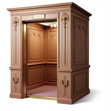 An elegant interior view of the Harrods elevator featuring intricate details and luxurious finishes. The walls are adorned with polished wood paneling that reflects a warm glow. Ornate brass accents and handles complement the rich textures. Soft, ambient lighting highlights the decorative moldings and the intricate patterns on the ceiling. The floor is covered with a plush carpet in deep hues, enhancing the opulent atmosphere. The elevator doors are richly detailed, showcasing the craftsmanship of high-end design.