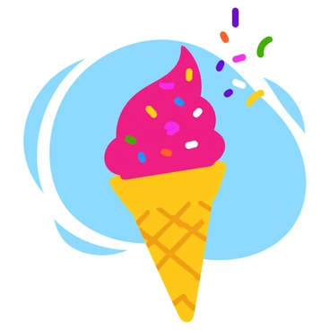 A colorful ice cream cone topped with a large scoop of pink ice cream covered in multi-colored sprinkles sits upright. A strong gust of wind is visibly swirling around it, with small, whimsical lines indicating motion. Some of the sprinkles are mid-air, being blown off the ice cream cone. The background features a clear blue sky, enhancing the vibrant colors of the ice cream and sprinkles.