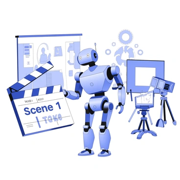 A futuristic robot stands on a film set holding a clapperboard in its metallic hands. The robot has sleek, streamlined features with articulated joints, showcasing an advanced design. The clapperboard displays the text "Scene 1, Take 1" in bold letters. Behind the robot, various film equipment such as cameras, lights, and tripods are arranged neatly. The set is filled with props and backdrops, creating an environment ready for filming. The robot's eyes emit a soft glow, reflecting its active role in the production.