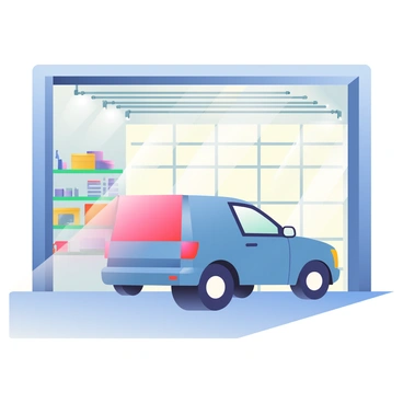 A delivery car in a sleek, metallic blue color is driving out of a modern, spacious car garage. The garage features clean lines and minimalistic design elements, with large glass doors that are partially open. Various tools and boxes are neatly organized on shelves along the walls. Sunlight streams through the garage, illuminating the polished concrete floor and casting soft shadows. The car's headlights are illuminated, and the rear of the car is just crossing the threshold as it exits the garage.