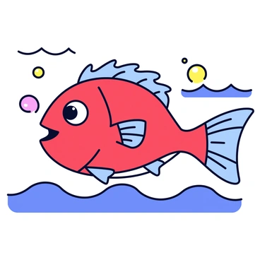 A child's colorful drawing of a red snapper with a vibrant red body. The fish has large, exaggerated eyes and a wide, cheerful smile. Its fins and tail are outlined in bright blue, with playful swirls and patterns. The background features simple wavy lines representing water, filled with various shades of blue. There are a few colorful bubbles rising around the fish, adding to the lively atmosphere.
