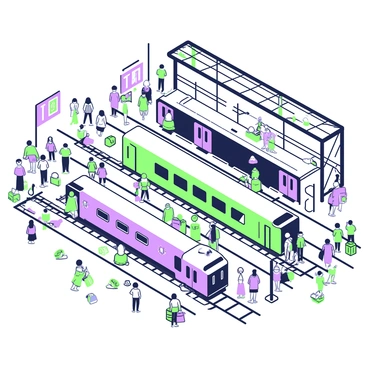 An overhead view of a crowded train station filled with people. Multiple trains are visible on different tracks, each train featuring distinct car designs. Groups of passengers are gathered, some standing on the platforms while others are boarding the trains. Baggage can be seen scattered around, as well as a few benches occupied by waiting travelers. The station's structure includes large, glass windows and a prominent roof, with signs indicating train destinations hanging above.