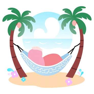 A round, pink character is lying comfortably in a hammock that is strung between two tall palm trees. The hammock has a woven texture and appears to stretch slightly under the character's weight. Sunlight filters through the green leaves of the palm trees, creating dappled patterns on the sand below. In the background, there is a clear blue sky and gentle waves lapping at the shore. A few colorful tropical flowers can be seen scattered in the sand, adding vibrant colors to the scene.