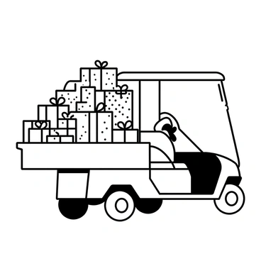 A golf cart filled to the brim with wrapped gifts adorned with elaborate bows. The gifts vary in size and shape, some square, some rectangular, all meticulously wrapped with intricate patterns. The golf cart has a simple design, with a flatbed filled with the colorful presents, sitting on four wheels. The setting suggests preparation for a festive gathering, with the cart parked on a clean surface, emphasizing the abundance of gifts ready to be delivered.