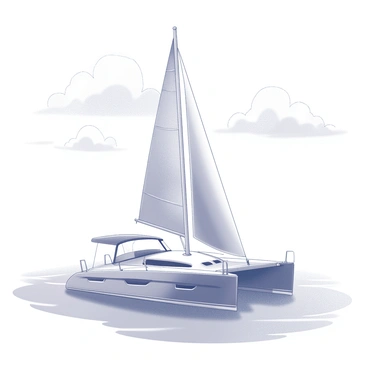 A catamaran gliding effortlessly across a body of water. The vessel has two parallel hulls and is equipped with a large sail billowing in the breeze. The clear waters below reflect the catamaran's shape and movement. The surrounding area is free of obstructions, allowing for an unobstructed view of the horizon. Gentle waves lap against the hulls of the catamaran, creating a sense of tranquility. The sky above is filled with scattered clouds, enhancing the serene atmosphere of the scene.