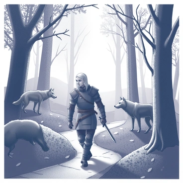 A witcher cautiously walking through a misty enchanted forest with wolves lurking nearby