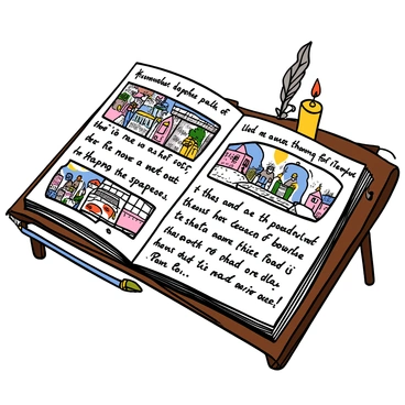 An open journal lying on a wooden table, with pages filled with ink sketches depicting scenes of daily life during the plague. The sketches include a bustling marketplace with people wearing masks, a somber street with empty houses, and individuals tending to the sick. Handwritten notes in a flowing cursive script describe the struggles and experiences of those times. The journal has a leather cover with worn edges, and a quill pen rests beside it, inked and ready for more writing. A small candle flickers nearby, casting warm light over the pages.