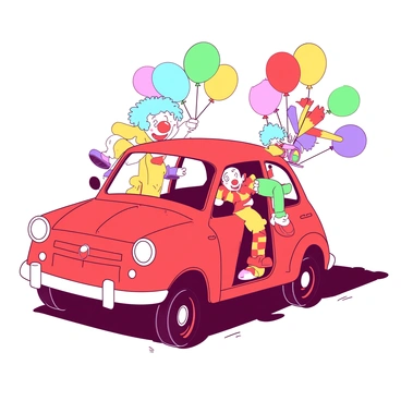 A red small car is parked on a street, surrounded by colorful balloons. The car's door is open, and a clown with a bright yellow wig is the first to emerge, wearing a large red nose and oversized shoes. Behind them, a second clown with blue hair is climbing out, holding a bunch of colorful props. A third clown, sporting a purple wig, is attempting to balance on a unicycle as they exit the vehicle. The scene is lively, with each clown displaying exaggerated, comical expressions as they emerge one by one from the small car.