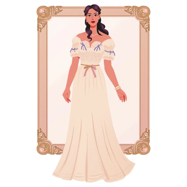 A digital flat illustration of a "carte de visite" featuring a well-dressed woman. The woman is standing elegantly with a confident pose. She has long, wavy hair styled in an intricate updo. She is wearing a lavish gown with intricate lace details, in shades of ivory and pastel colors, adorned with delicate ribbons. The gown has a fitted bodice and a flared skirt flowing down to the ground. The background includes an ornate vintage frame that highlights the woman. The overall composition emphasizes the fashion of the era, capturing the elegance and style of the time.