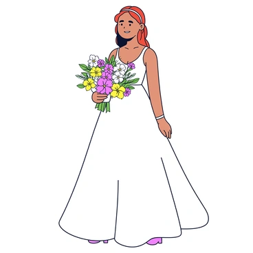 A bride wearing a flowing white wedding gown. She is holding a lush bouquet filled with an array of mixed freesia blooms in shades of pink, yellow, and white. The bouquet features green foliage peeking out among the vibrant flowers. The bride's hair is styled elegantly, complementing her overall look.