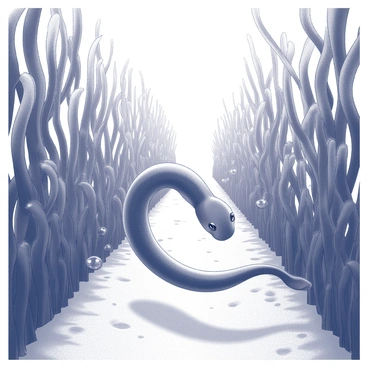 A moray eel is swimming gracefully through an underwater corridor. The corridor is filled with dense kelp, which sways gently with the movement of the water. Sunlight filters through the surface, creating patterns on the sandy ocean floor. The moray eel's body is elongated and smooth, with a slimy texture that glistens in the filtered light. The kelp fronds have a flowing appearance, with some strands intertwining and others moving freely in the current. The scene captures the tranquility of the underwater environment, with bubbles occasionally rising from the eel's movements.