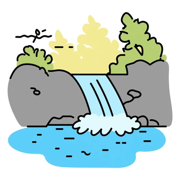 A gentle waterfall, flowing gracefully over smooth gray rocks, creates a soft mist as it tumbles into a crystal-clear forest pool below. The pool, surrounded by lush green foliage, reflects the vibrant colors of the surrounding trees. Sunlight filters through the leaves, casting dappled light on the water's surface. Small pebbles and moss can be seen at the bottom of the pool, adding to the serene atmosphere.