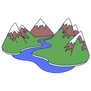 A wide landscape featuring towering mountains that rise majestically against the sky. In the valleys, winding rivers flow gracefully, creating a natural form that resembles a hidden human face. The mountains are rugged with sharp peaks and varying shades of green and brown, while the rivers shimmer with hints of blue and silver. The composition of the landscape is balanced, allowing the human face shape to emerge subtly amidst the natural elements.