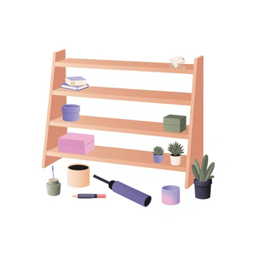 A digital flat illustration depicting a wooden shelf being expanded. The shelf has a light brown finish and is currently at three layers, with the top two layers empty. Additional layers are being added, featuring the same wood texture, creating a total of five layers. Tools such as a screwdriver and screws are visible nearby, indicating the assembly process. Potted plants and decorative boxes are neatly arranged on the lower shelves, while a stack of books is placed on the second layer. The background is a simple, neutral color to emphasize the shelf.