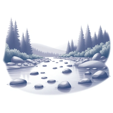 A river flows through an expansive landscape. The water is clear and reflective, showcasing the smooth stones beneath its surface. On either side of the river, there are lush, green trees and plants, creating a dense canopy. The banks of the river are dotted with various sizes of rocks and pebbles, some partially submerged in the water. The overall scene conveys a sense of tranquility and harmony with nature.