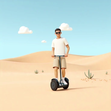 A lone rider, wearing a white t-shirt, khaki shorts, and sunglasses, is riding a Segway across a sandy desert landscape. The desert features rolling dunes with smooth curves, and scattered patches of dry vegetation. The sky above is bright blue, dotted with a few fluffy white clouds, providing a striking contrast to the warm tones of the desert sand. The rider maintains a steady posture, focused on navigating the terrain, as grains of sand are kicked up around the Segway wheels.