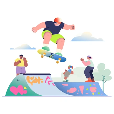 A young skateboarder with short dark hair is mid-air, performing a trick above a ramp in a skate park. He is wearing a bright red helmet and a black t-shirt with neon green shorts. The skateboard has a vibrant graphic design, featuring blue and yellow colors. Around him, the ramps are decorated with colorful graffiti, showcasing various designs and patterns in shades of pink, blue, and orange. In the background, a few spectators are watching, with some clapping and cheering for the skateboarder. The sky overhead is clear with a few scattered clouds, adding to the lively atmosphere.