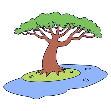 An ancient baobab tree with a thick trunk and sprawling branches stands prominently. Its leaves form a lush canopy, creating a dappled effect on the ground below. The tree casts a long shadow over a gentle bend in the Congo River. The river's surface reflects the surrounding greenery, with a smooth, flowing current that enhances the tranquil scene. A few scattered pebbles line the riverbank, complementing the natural setting.