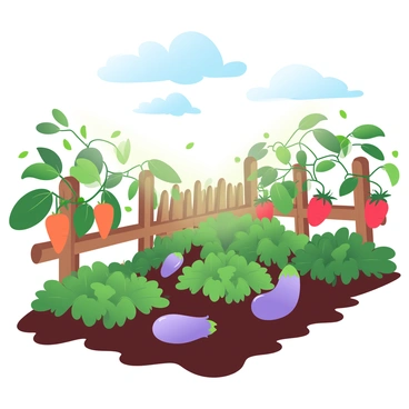 A lush vegetable garden filled with various types of produce. There are rows of leafy green plants and vibrant red tomatoes hanging from sturdy vines. Bright orange carrots are peeking out of the dark soil, and clusters of purple eggplants are nestled among the leaves. Sunlight casts a warm glow over the garden, enhancing the rich colors of the vegetables. A soft blue sky with a few fluffy clouds can be seen above, and a rustic wooden fence borders the garden, completing the serene scene.