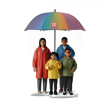 An umbrella labeled "HDFC Life" is held above a family of four as they stand together under its shelter. The umbrella is large and colorful with a vibrant design. The scene features dark clouds and heavy rain falling around them, creating a stormy atmosphere. The family consists of two adults and two children. The adults are wearing raincoats, while the children hold onto the edges of the umbrella, looking up with smiles. Puddles form on the ground, reflecting the dark sky and raindrops.