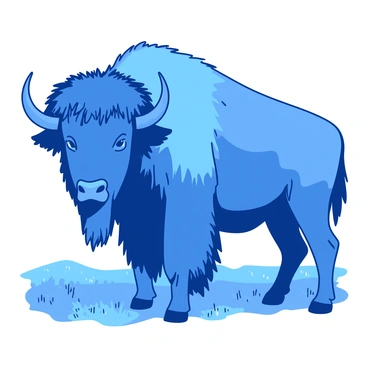 A blue bison stands majestically in the foreground, showcasing its rugged features with a thick, shaggy coat. The bison's powerful body is draped in tufts of hair, with pronounced muscles visible beneath the fur. Its large, curved horns frame a strong, expressive face, highlighting deep-set eyes that convey a sense of wisdom. The background consists of a softly blurred prairie landscape, allowing the bison to remain the focal point of the composition. The texture of the bison's fur contrasts with the smoothness of the surrounding grass, enhancing the depth of the portrait.