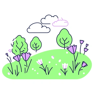 A wide-open meadow features a diverse array of wildflowers scattered across its expanse. The wildflowers include shapes of various petals, with some standing tall and others bending slightly as if swaying in the breeze. The grass beneath them is lush and slightly undulates with the wind. In the background, a few trees with intricate leaf shapes are visible, providing contrast to the colorful blooms. The sky above is clear, with a few fluffy clouds drifting by, ensuring an open atmosphere that enhances the scene.
