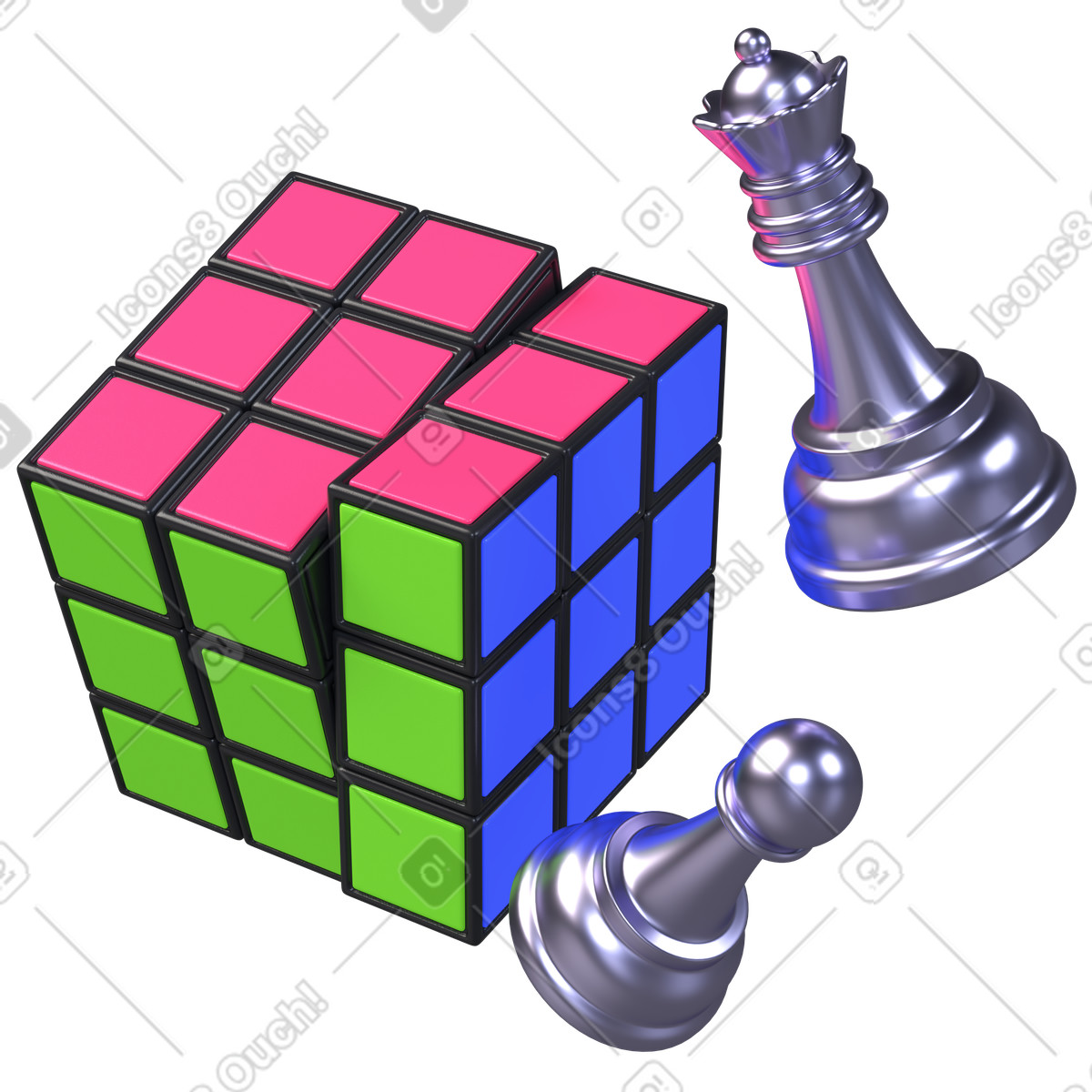 Rubik's cube with chess pieces, strategic thinking and problem solving illustration in 3D Boost style download in PNG, SVG