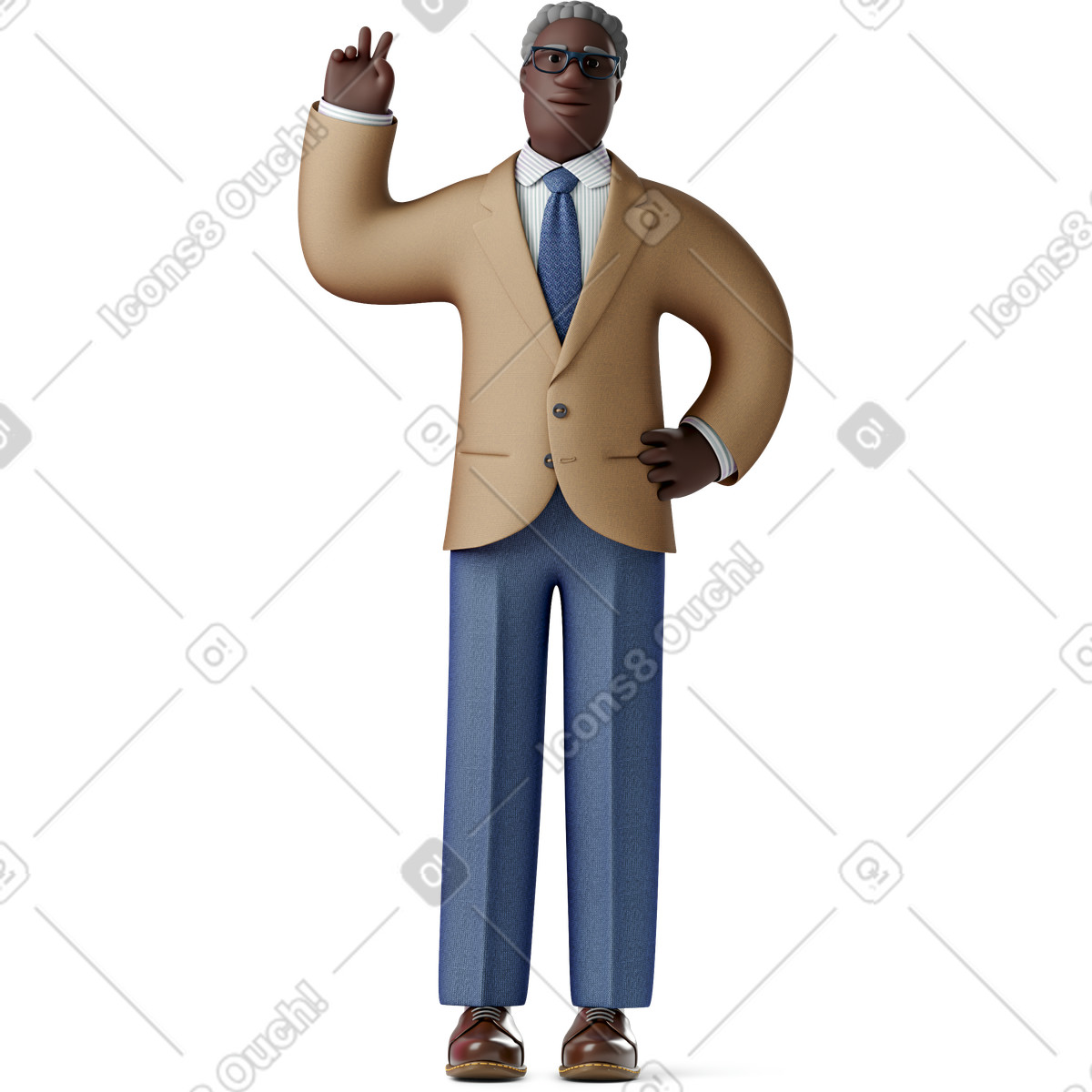 Illustration Vieil homme d'affaires montrant le signe v et tenant la main sur hanche dans style 3D Business à télécharger aux formats PNG, SVG