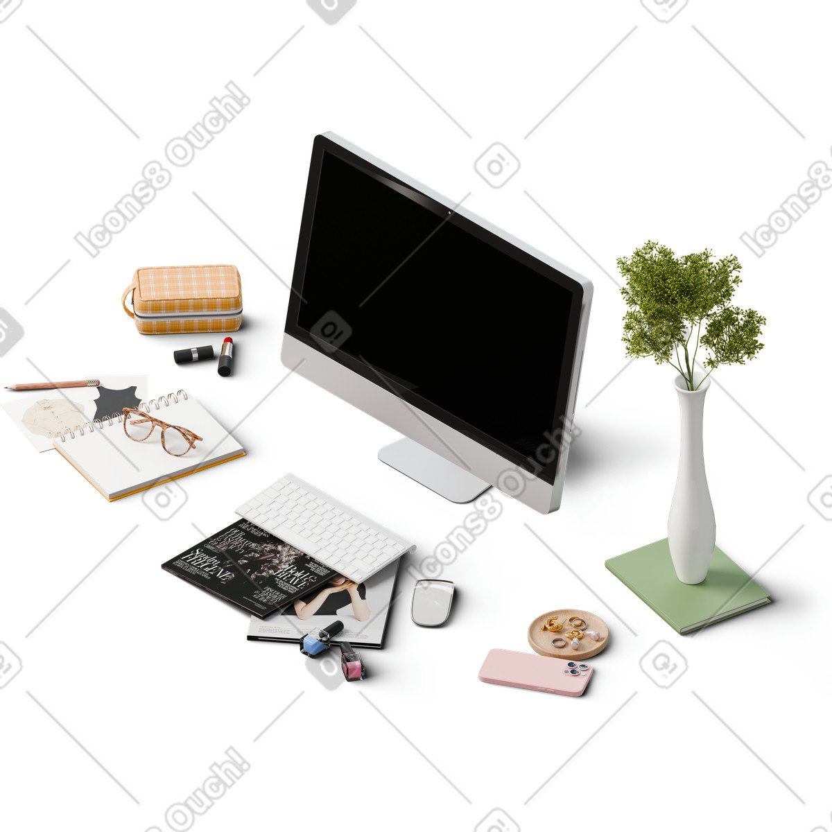Isometric view of desk with smartphone monitor and fashion magazines illustrazione in stile 3D Hygge scarica in PNG, SVG