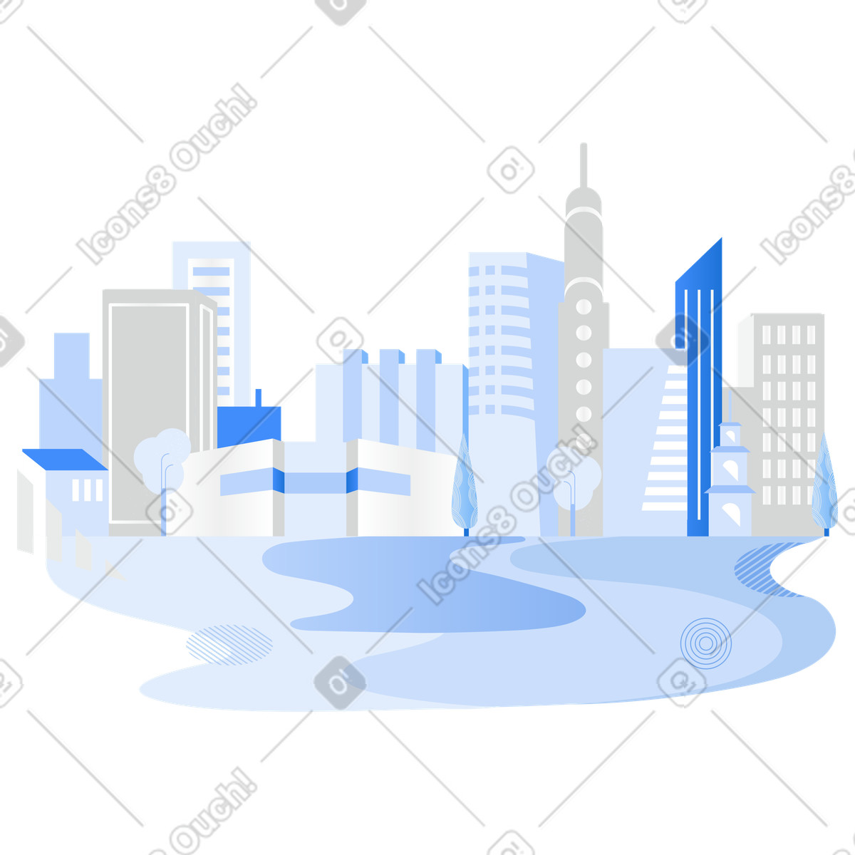 Ilustración Ciudad con rascacielos al fondo en estilo Clip a descargar en PNG y SVG