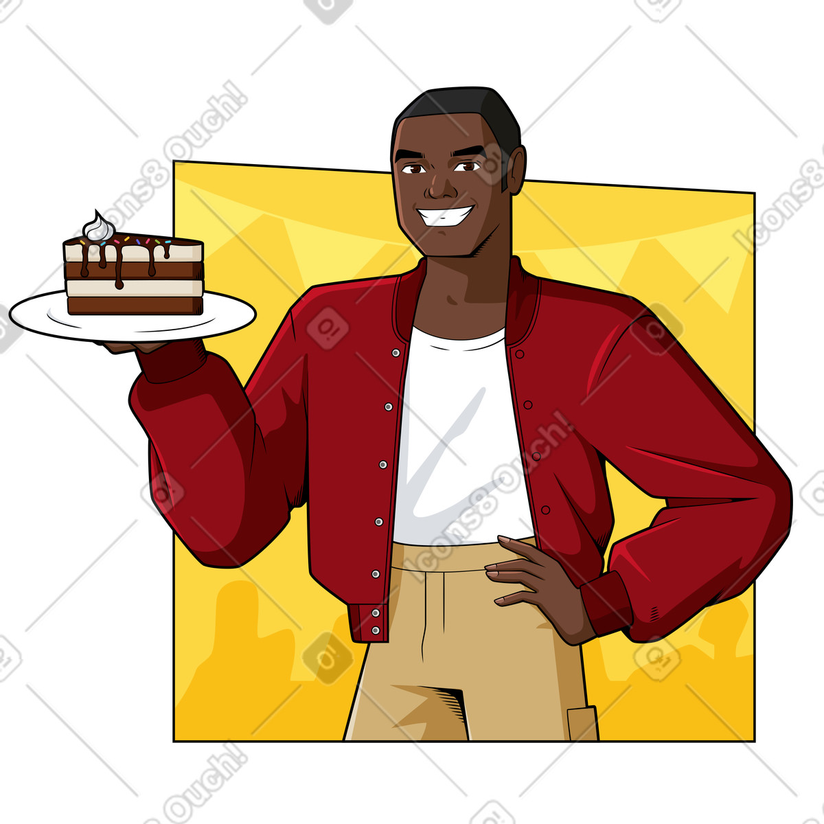 Smiling man says welcome to tea with cake illustration cartoon clipart SVG graphics