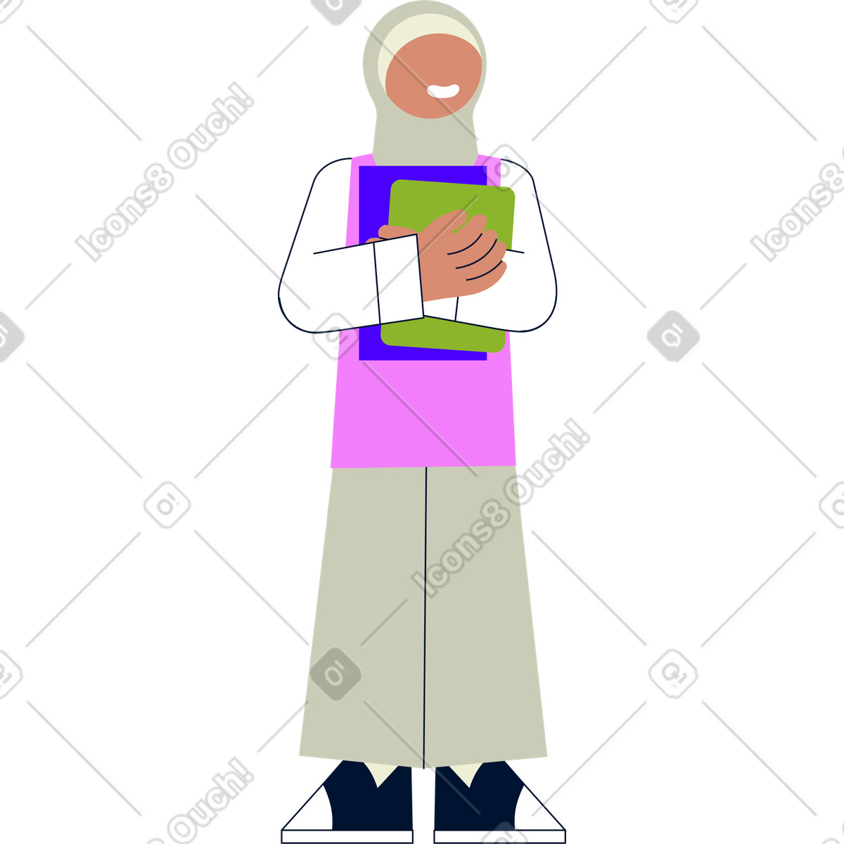 Young woman in hijab holding folders her hands illustration Cubes style download PNG, SVG