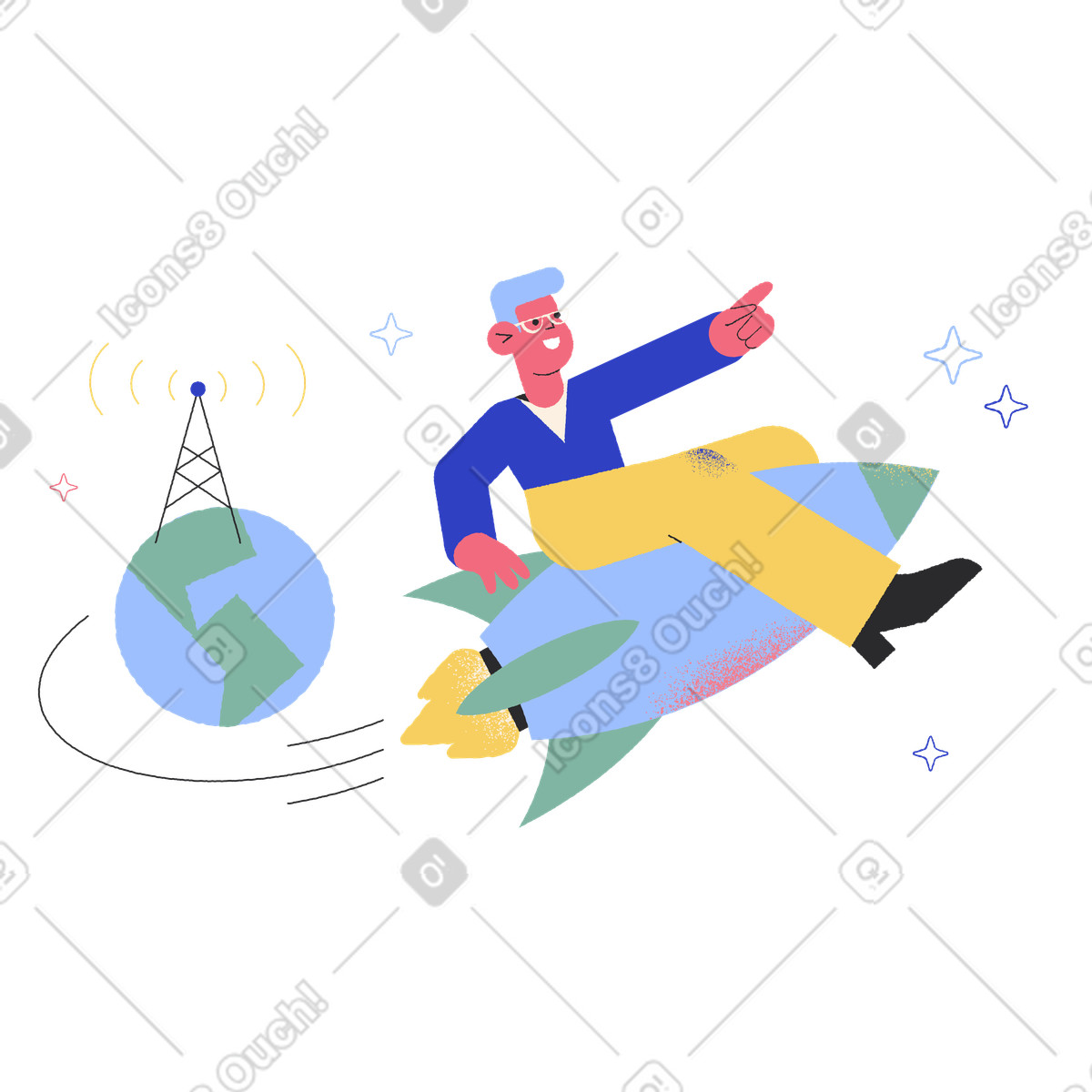 L'uomo è seduto su un razzo volante illustrazione in stile Pablo scarica in PNG, SVG