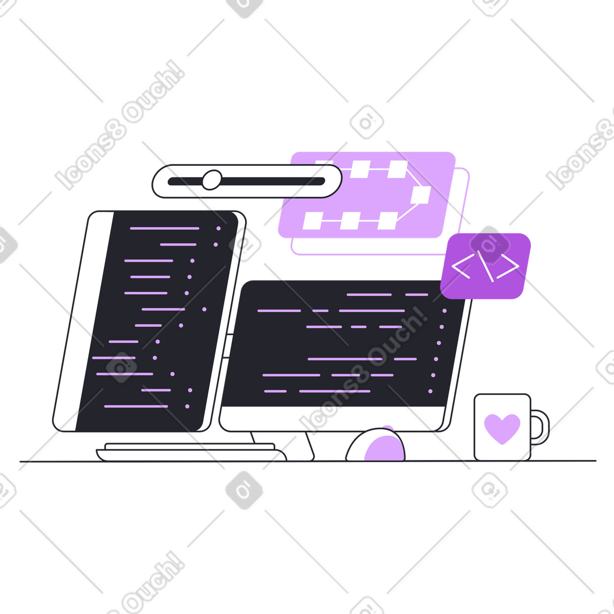 Dual monitor coding setup with coffee mug, Software developer workspace illustration in PNG, SVG